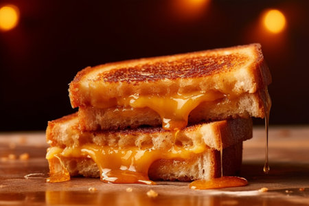 Toasted bread with cheese and caramel sauce on a dark background with Generative AI.の素材