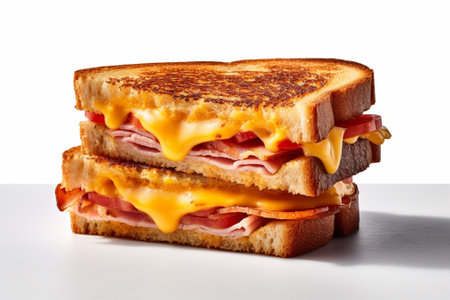 Sandwich with ham, cheese and mayonnaise on white background with Generative AI.の素材