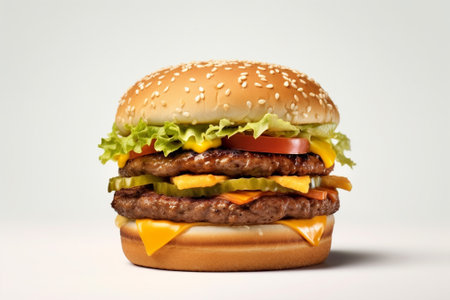 Big tasty hamburger with cheese and vegetables on a white background with Generative AI.の素材