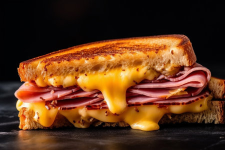 sandwich with ham and cheese on a dark background. tinting. selective focus with Generative AI.の素材