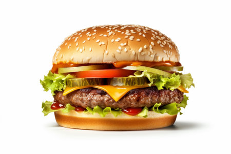 Hamburger isolated on a white background. Close-up with Generative AI.の素材