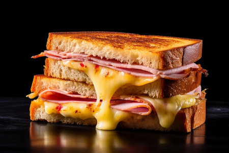 Sandwich with ham, cheese and mayonnaise on black background with Generative AI.の素材