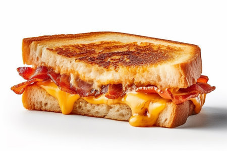 Sandwich with bacon and cheese on a white background. Isolated with Generative AI.の素材