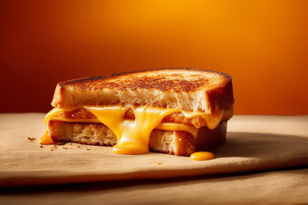 Delicious cheese sandwich with caramel sauce on orange background. Close up with Generative AI.の素材