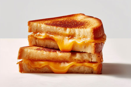 Toasted bread with butter and melted cheese on a white background with Generative AI.の素材
