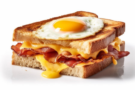 Toasted bread with ham and egg on white background, close up with Generative AI.の素材
