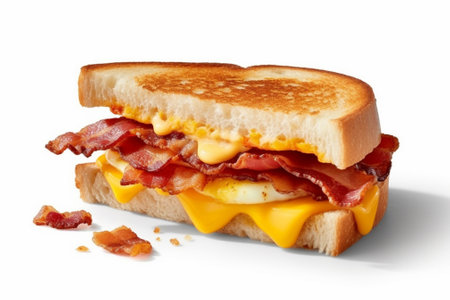 Sandwich with bacon and cheese on white background. Isolated with Generative AI.の素材