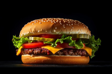 Cheeseburger on a black background. Close-up with Generative AI.の素材
