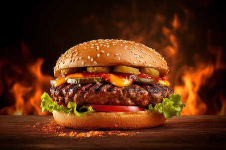 Cheeseburger on a wooden table with flames in the background with Generative AI.の素材