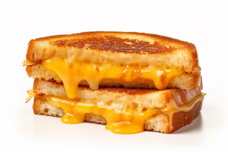Sandwich with cheese and caramel sauce on a white background, isolate with Generative AI.の素材