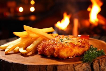 Fish and chips on a wooden plate in front of the fireplace with Generative AI.の素材