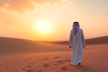 Arabic man walking in the desert at sunset. 3d rendering with Generative AI.の素材