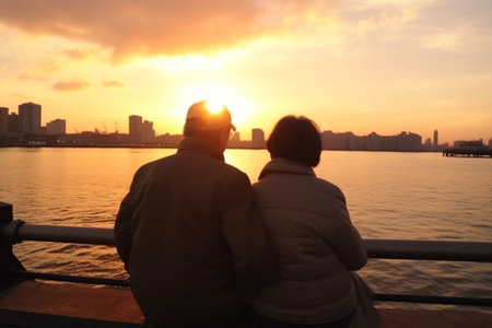 couple sitting on the bridge looking at the sunset in the city with Generative AI.の素材