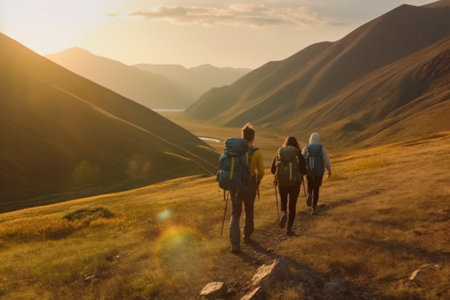 Hikers with backpacks on the trail in the mountains at sunset with Generative AI.の素材