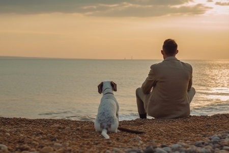 Man with dog on the beach at sunset. Jack Russell Terrier with Generative AI.の素材