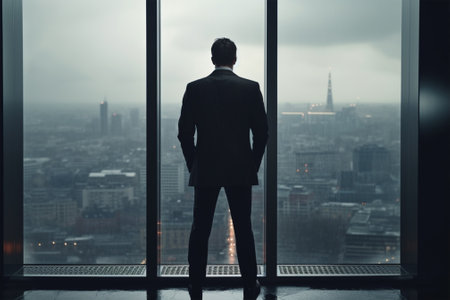 Businessman standing in front of the window and looking at the city with Generative AI.の素材