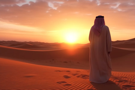 Arabic man in the desert at sunset. 3d rendering with Generative AI.の素材