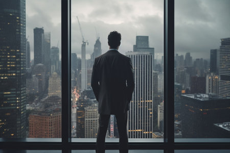 Businessman looking at the city from the window of a skyscraper with Generative AI.の素材