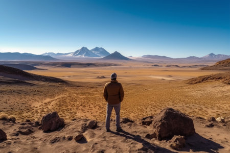 A man standing in the middle of the desert and looking at the mountains with Generative AI.の素材