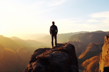 Silhouette of a man standing on the edge of a cliff and looking into the distance with Generative AI.の素材