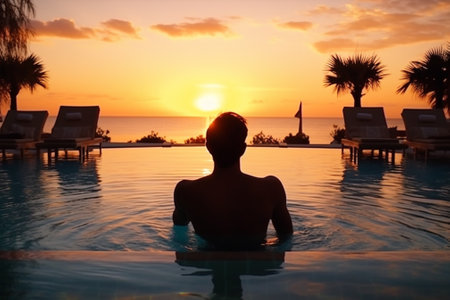 Silhouette of a man relaxing in a swimming pool at sunset with Generative AI.の素材