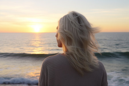 Portrait of young woman with blonde hair on the beach at sunset with Generative AI.の素材