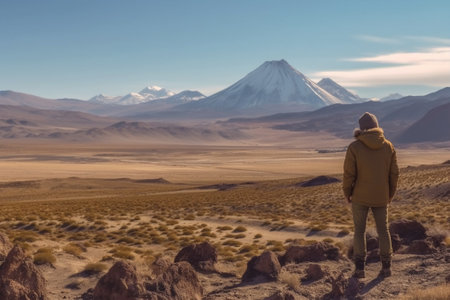 Man looking at the landscape of the Atacama desert, Chile with Generative AI.の素材