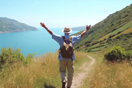 man with backpack and hat hiking on mountain trail at summer sunny day with Generative AI.の素材