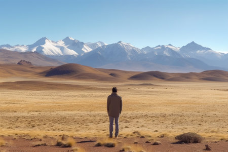 A young man standing in the middle of the desert and looking at the mountains with Generative AI.の素材