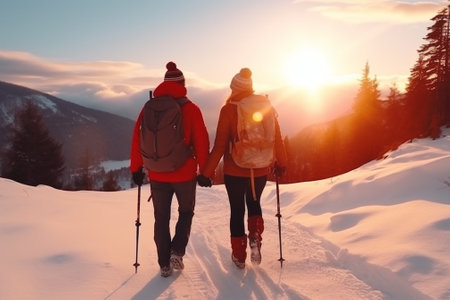 Couple of hikers with backpacks walking in snowy mountains at sunset with Generative AI.の素材