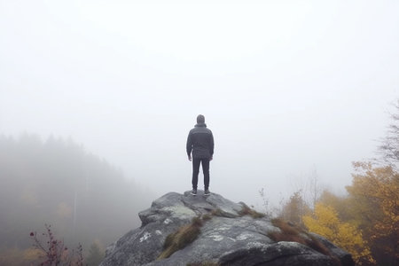Man standing on the edge of a rock and looking at the misty landscape with Generative AI.の素材
