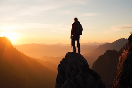 Silhouette of a man with a backpack standing on the edge of a cliff and looking at the sunrise with Generative AI.の素材