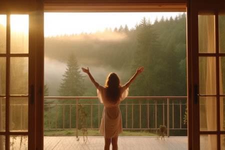 Silhouette of young woman standing in front of the window and looking at the foggy mountains with Generative AI.の素材