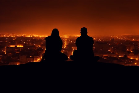 Silhouette of a man and a woman sitting on the top of the mountain and looking at the city at night with Generative AI.の素材