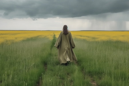 A young woman with long hair in a green cloak walks through the field of yellow flowers with Generative AI.の素材