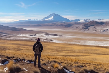 Hiker in the Altiplano, Bolivia, South America with Generative AI.の素材