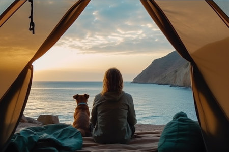 Woman sitting in camping tent and looking at the sea at sunset with Generative AI.の素材
