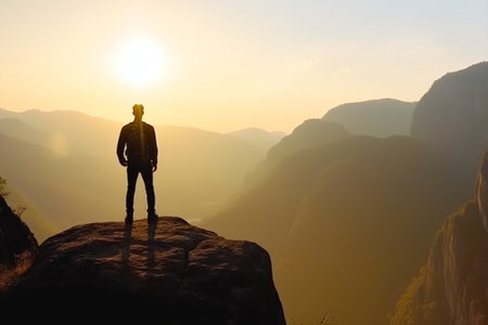 Silhouette of a man with backpack standing on the edge of a cliff and looking into the distance at sunset with Generative AI.の素材