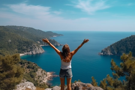 Young woman with open arms on the background of the sea and mountains with Generative AI.の素材
