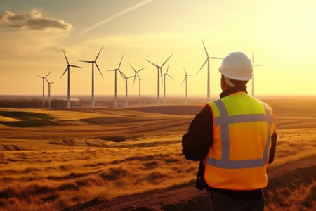 engineer standing at wind turbines farm at sunset, renewable energy concept with Generative AI.の素材