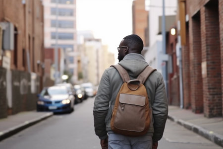 Young African American man with backpack walking on city street, back view with Generative AI.の素材