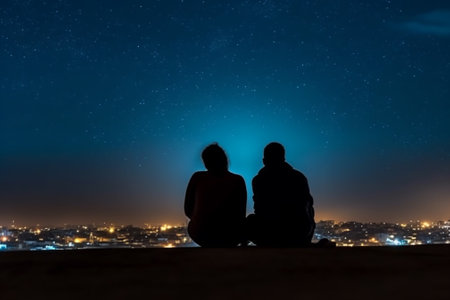Silhouette of a man and a woman sitting on the edge of the cliff with a view of the night city and the Milky Way with Generative AI.の素材