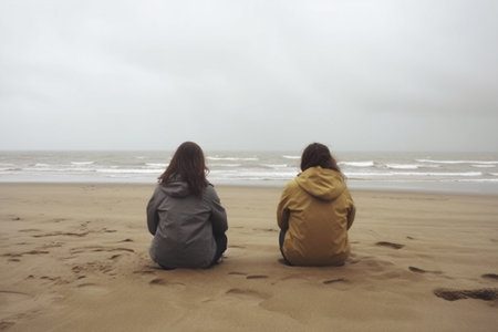 Two women sitting on the beach in a foggy day, rear view with Generative AI.の素材