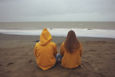 Two girls sitting on the beach and looking at the sea in the fog with Generative AI.の素材