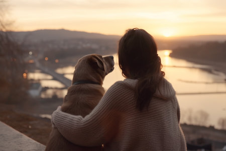 Young woman and her labrador retriever dog looking at sunset with Generative AI.の素材