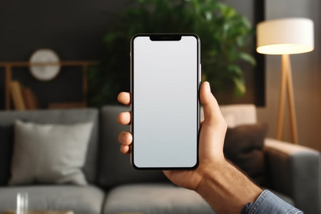 Man holding modern smartphone with blank screen indoors, closeup. Mockup for design with Generative AI.の素材