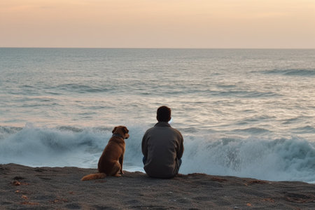 Man and dog sitting on the rock by the sea at sunset with Generative AI.の素材