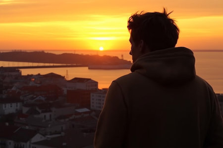 Silhouette of a young man looking at the sunset in Lisbon, Portugal with Generative AI.の素材