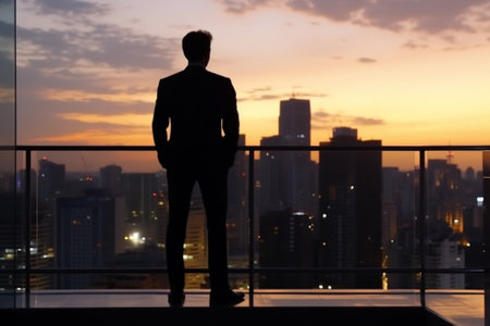 Silhouette of a businessman standing on the balcony and looking at the city at sunset with Generative AI.の素材