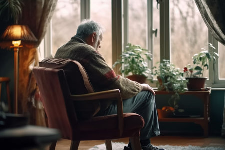 Senior woman sitting in armchair at home and looking out the window with Generative AI.の素材
